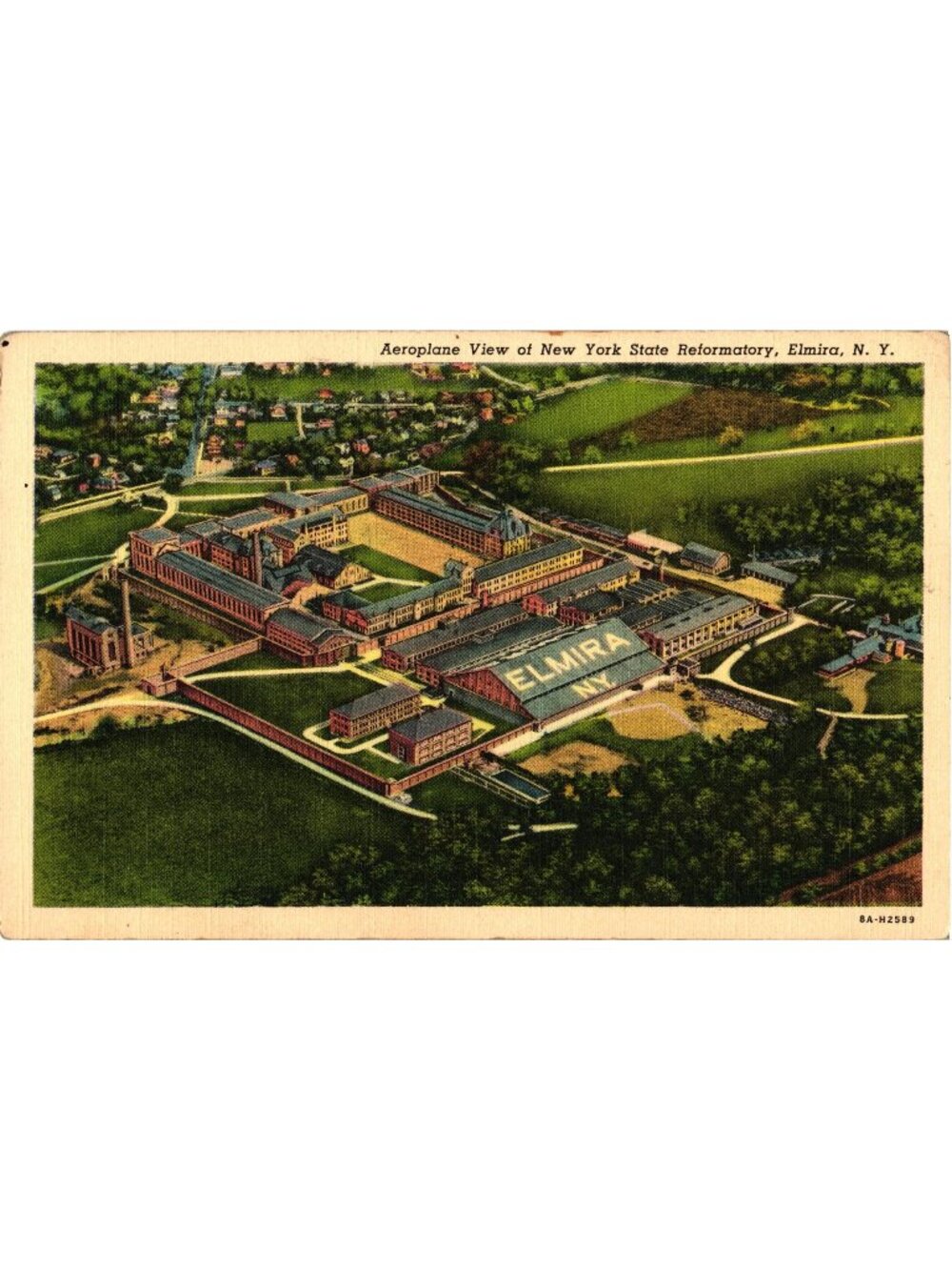 Aeroplane View New York State Reformatory Elmira NY Vintage Linen Postcard Unuse